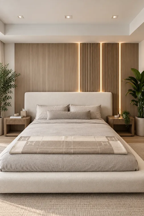 Bedroom headboard wall in light oak panels with vertical lighting