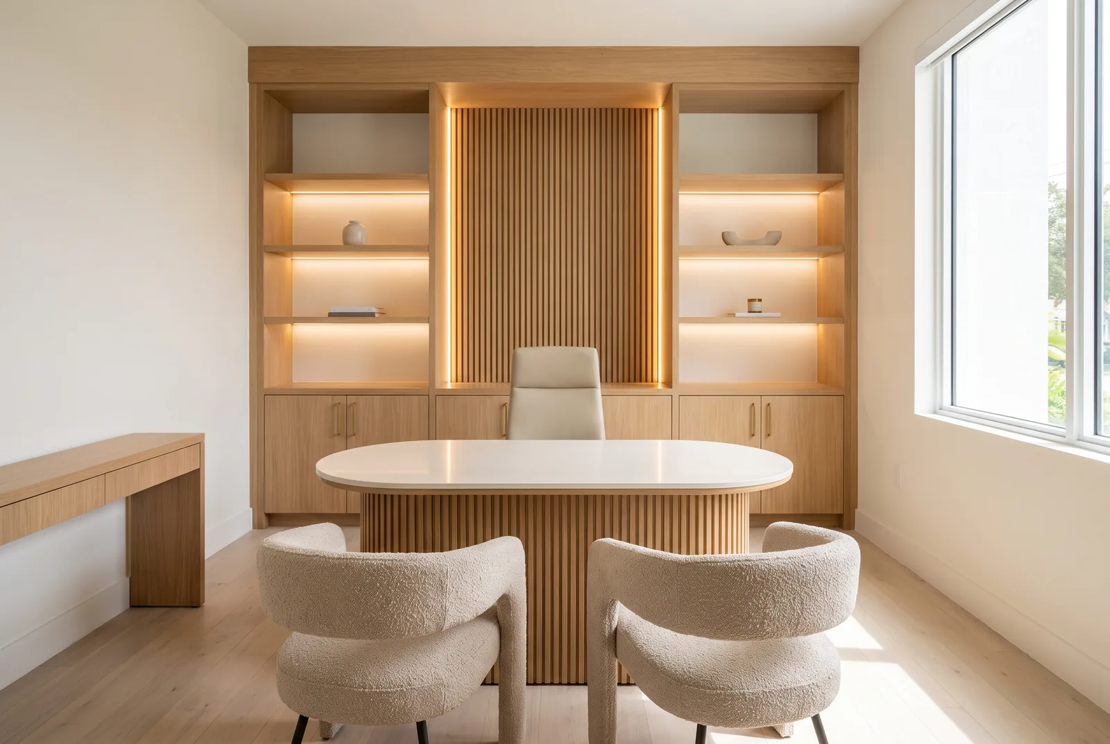 Concept rendering, owner's office, Signature level: oak wall unit with backlit shelves and fluted desk