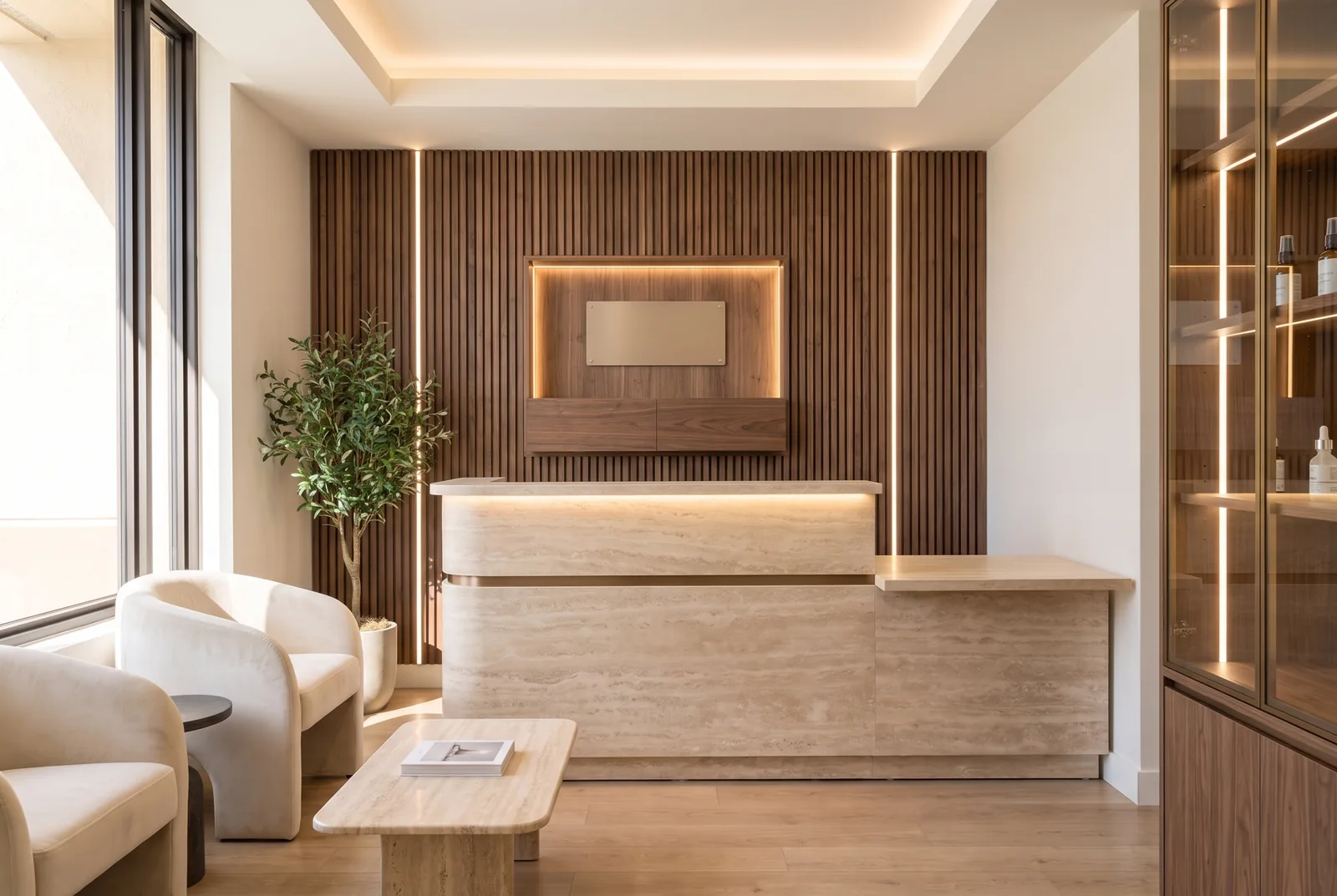 Concept rendering, Bespoke level: curved stone reception desk, walnut slat feature wall with integrated lighting, bronze and glass vitrine