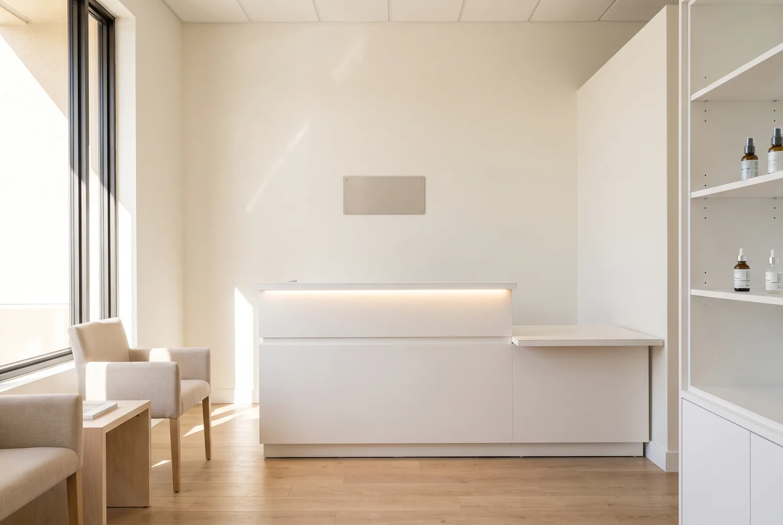 Concept rendering, Essential level: white laminate reception desk with LED under the counter, open retail shelving