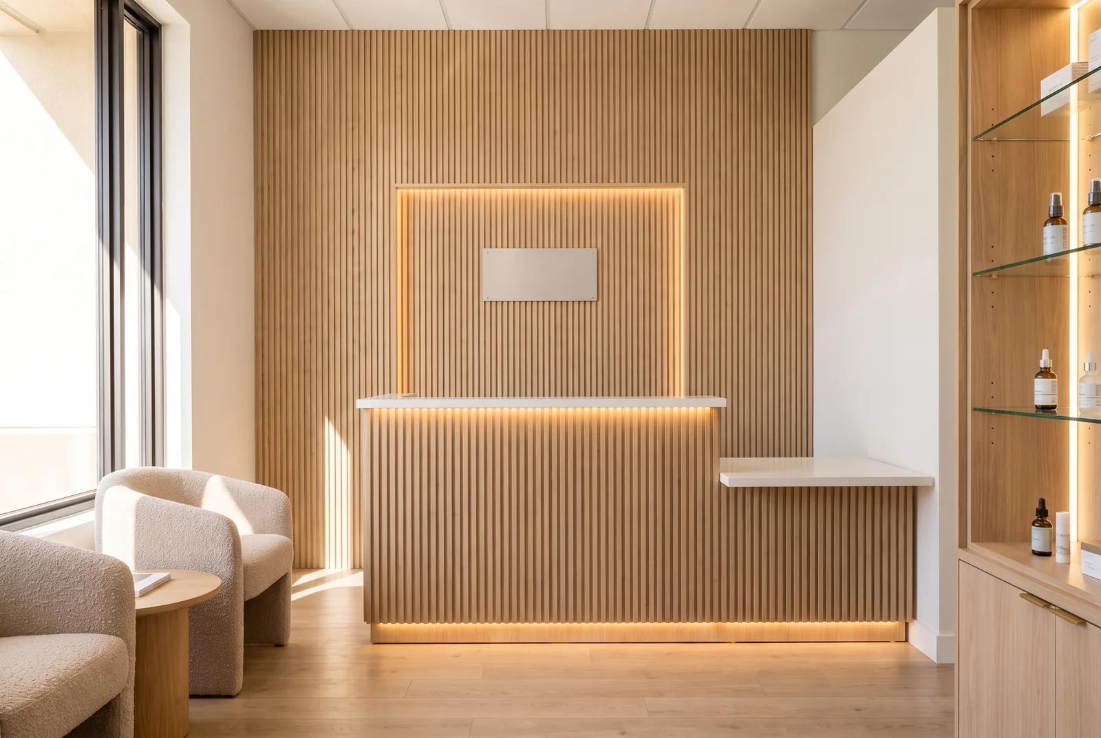 Concept rendering of a clinic reception with fluted oak feature wall, solid-surface counter and backlit retail niche