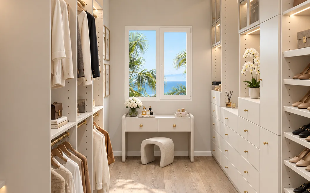 Walk-in closet with lit shelving, drawer banks, shoe shelves and a vanity under the window
