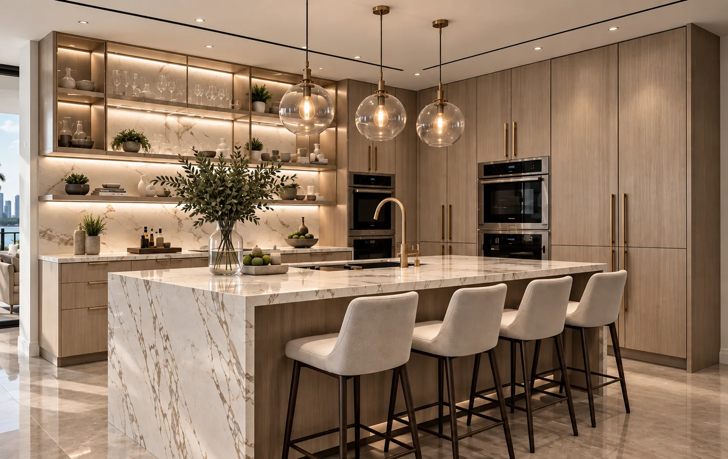 Kitchen with marble waterfall island, light oak cabinetry, backlit shelving and glass pendants — concept visualization by TRE Interiors