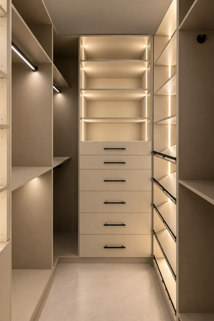 Walk-in closet with lit shelving, drawers and hanging rails
