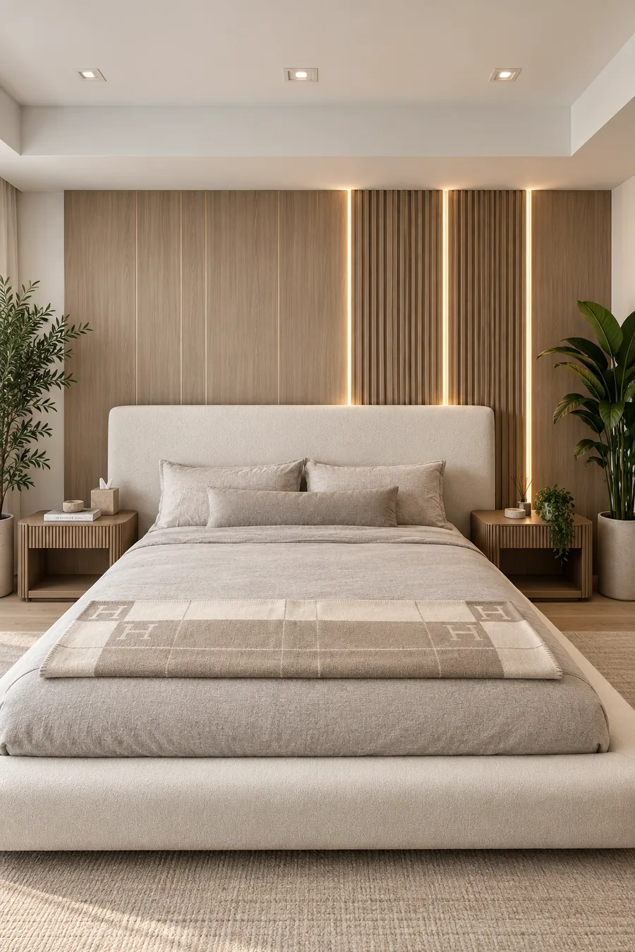 Primary bedroom with light oak headboard wall, vertical lighting and fitted nightstands