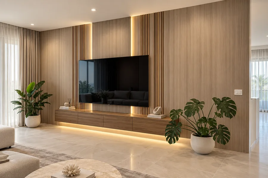 Living room with oak media wall, floating console and backlit slat panels