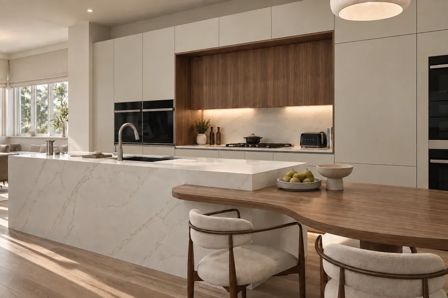 Kitchen with white cabinetry, walnut niche and a marble island with a wood dining extension