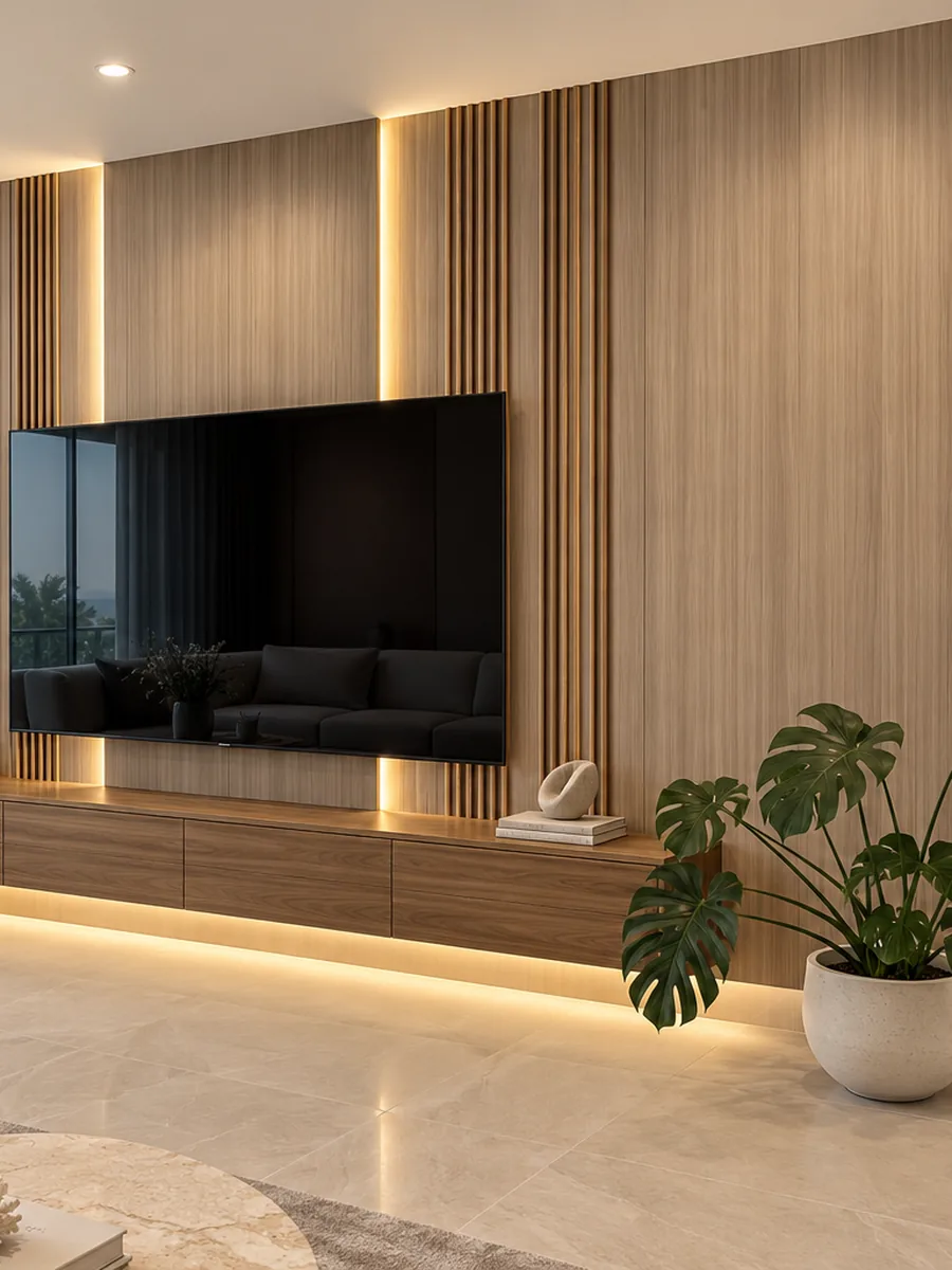 Media wall with backlit oak slat panels and floating console