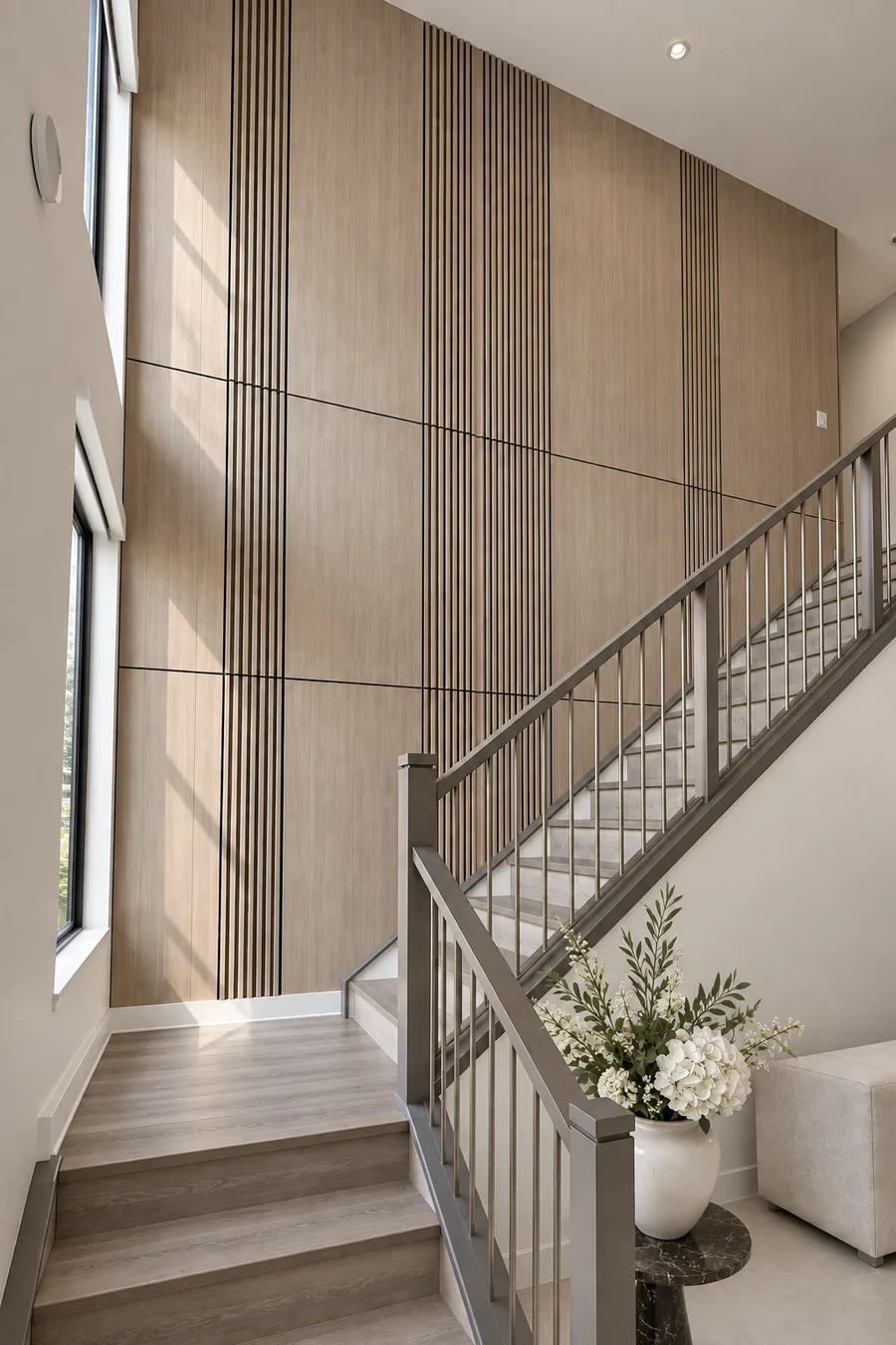 Double-height staircase wall clad in oak panels with fluted inserts