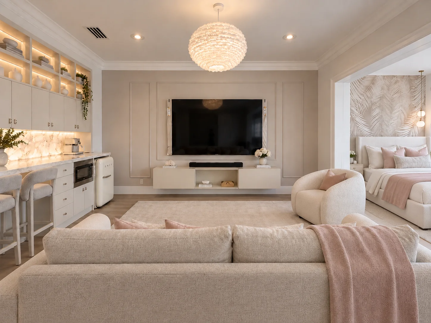 The same family room finished: media wall with TV, wet bar cabinetry with lit shelves, sectional sofa and open bedroom beyond — after