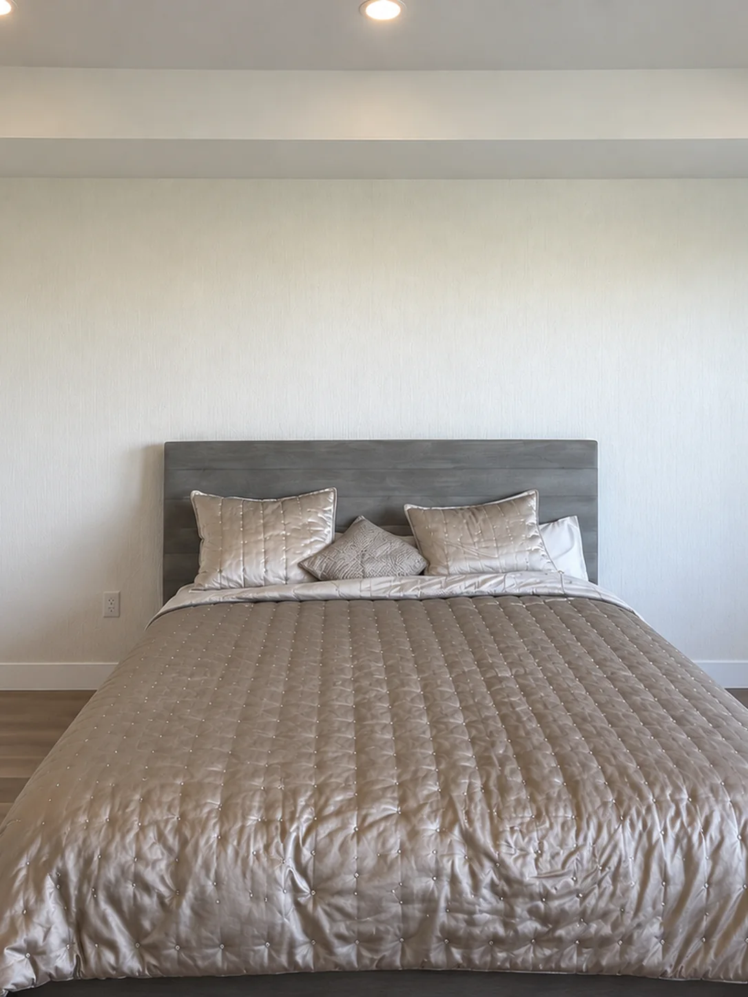 Bedroom with a bare wall and a simple headboard — before