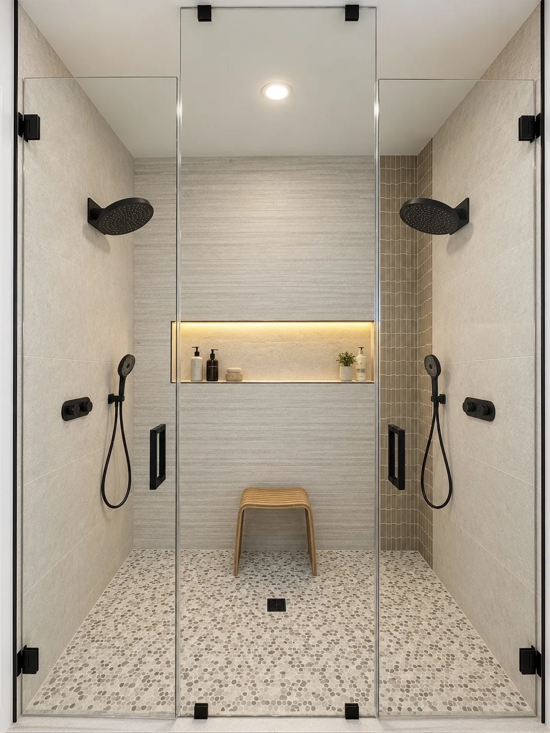 The same shower finished: textured porcelain walls, pebble floor, lit niche, black fixtures and frameless glass — after