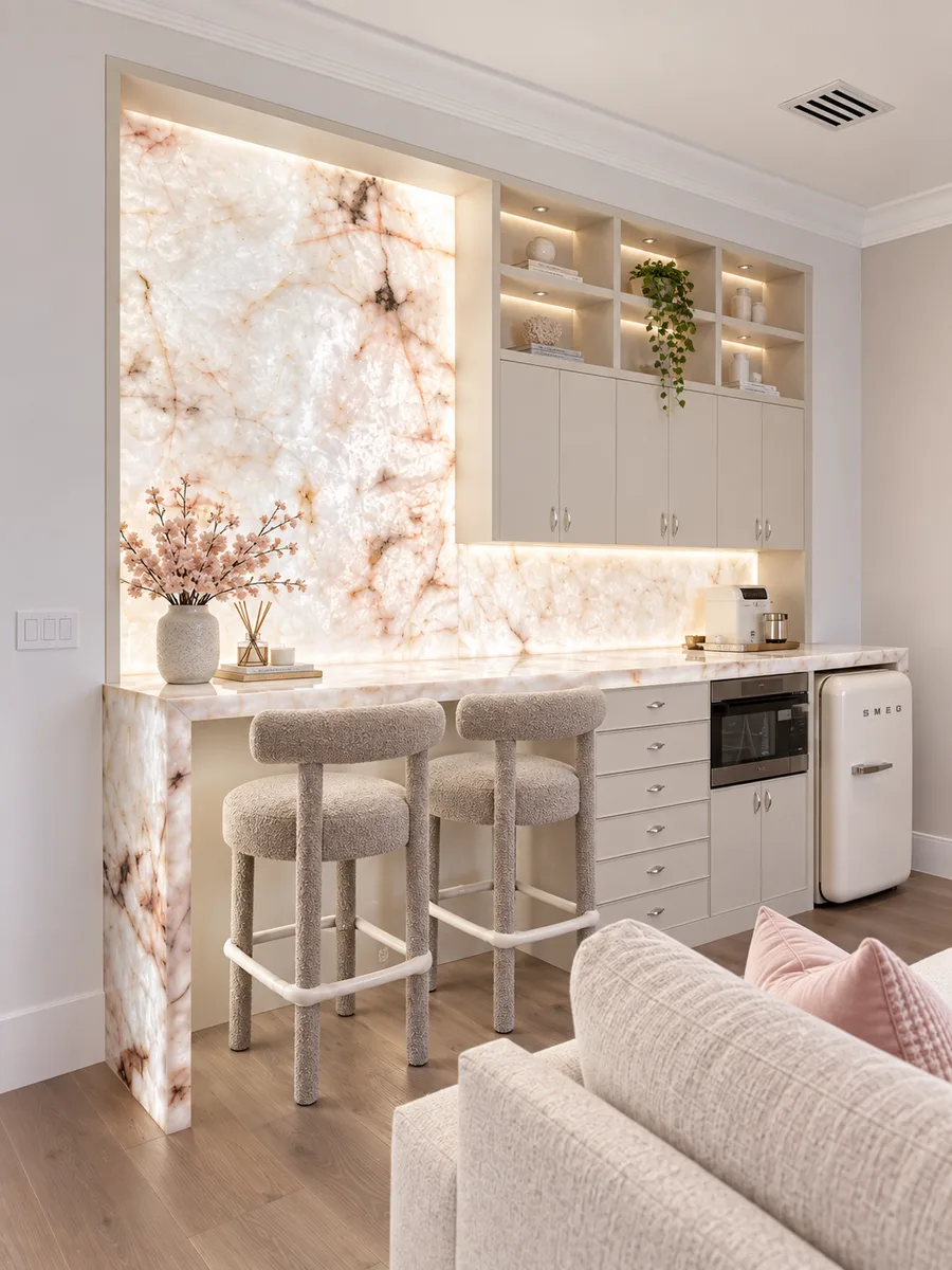 Oceanfront Elegance — backlit onyx bar with white cabinetry and counter stools