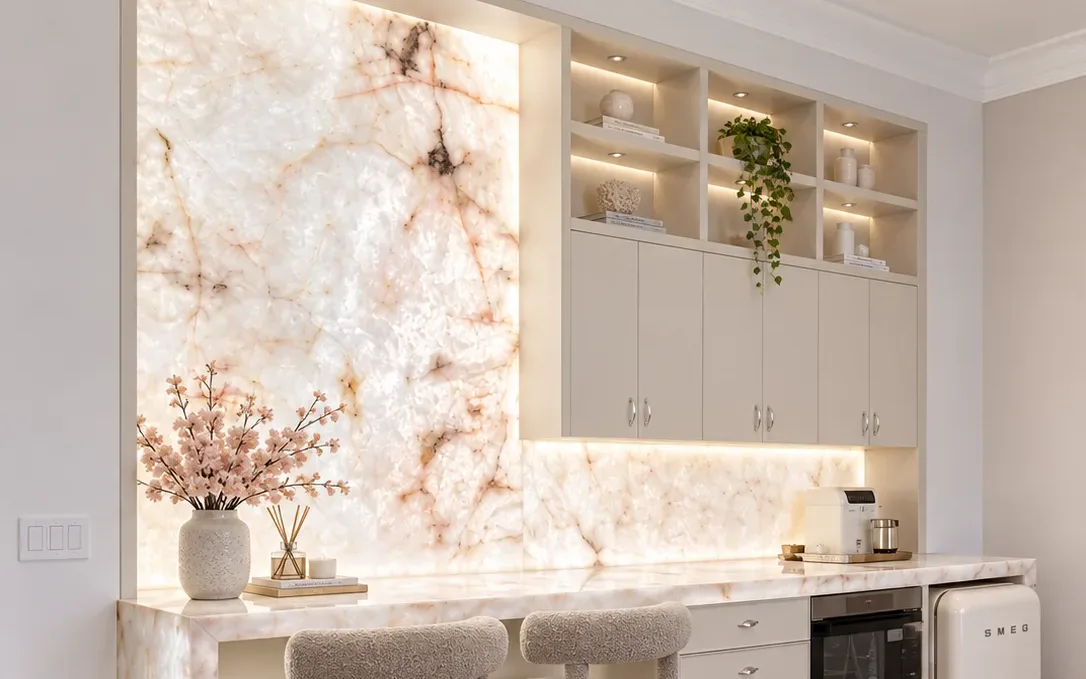 Backlit onyx bar with upper cabinets, lit open shelves and a drawer base