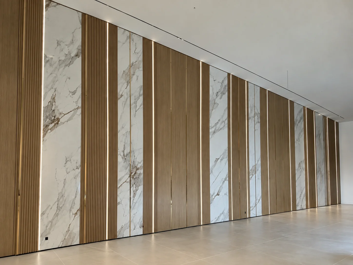 Double-height oak and marble feature wall with LED seams, daylight