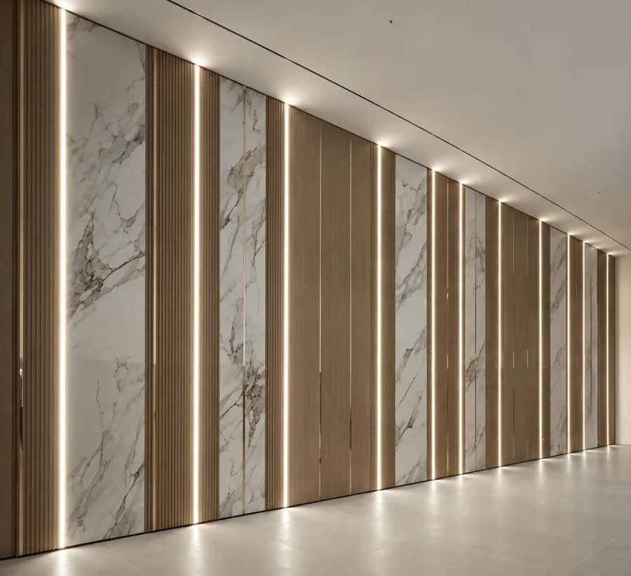 Double-height feature wall in oak slats and porcelain marble with LED seams