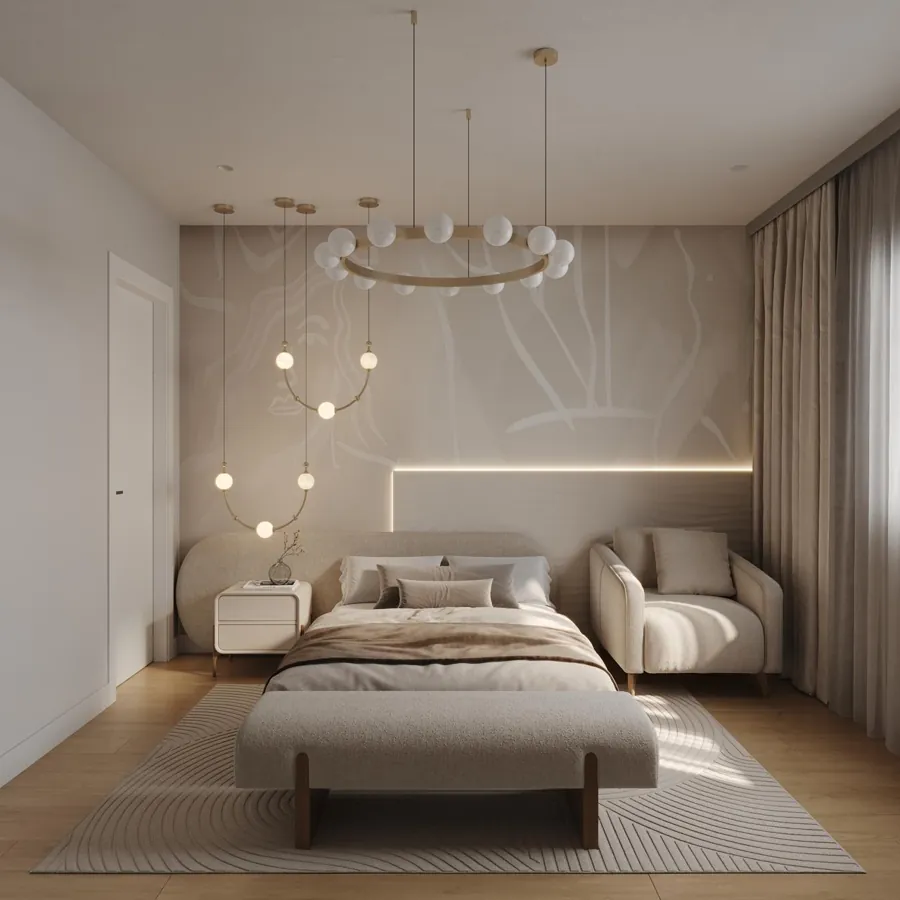 Rendering of a bedroom with upholstered headboard and backlit wall