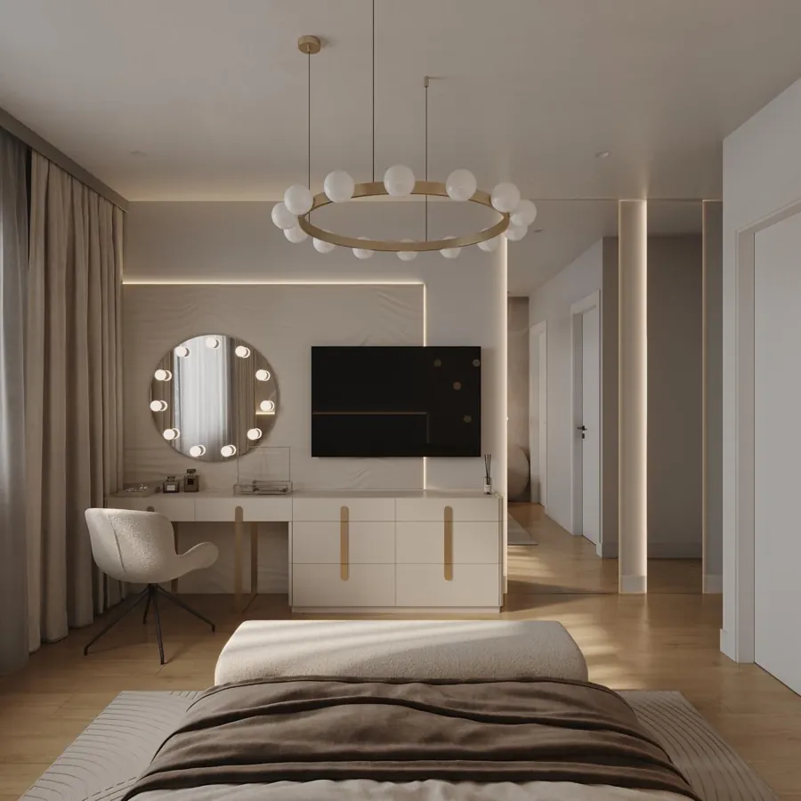 Rendering of a bedroom with vanity, dresser and TV panel