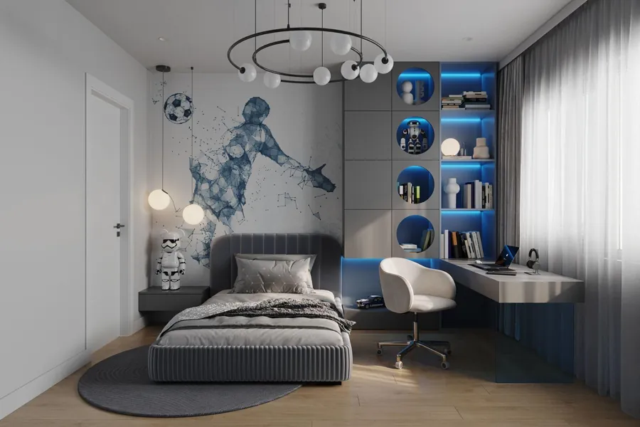 Rendering of a kid's room with desk, shelving and lit niches