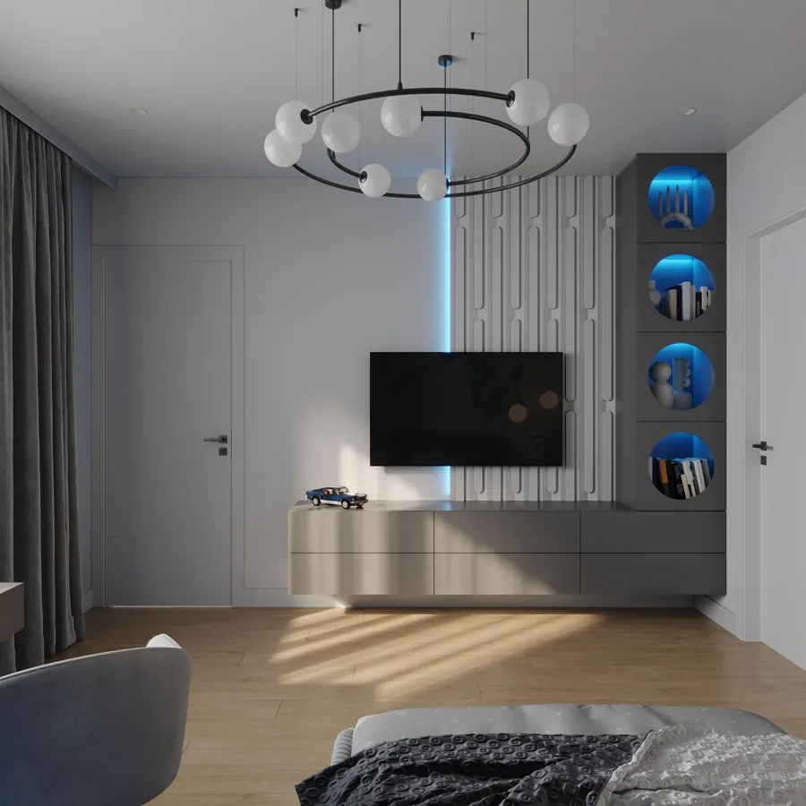 Rendering of a media unit with floating console and display column